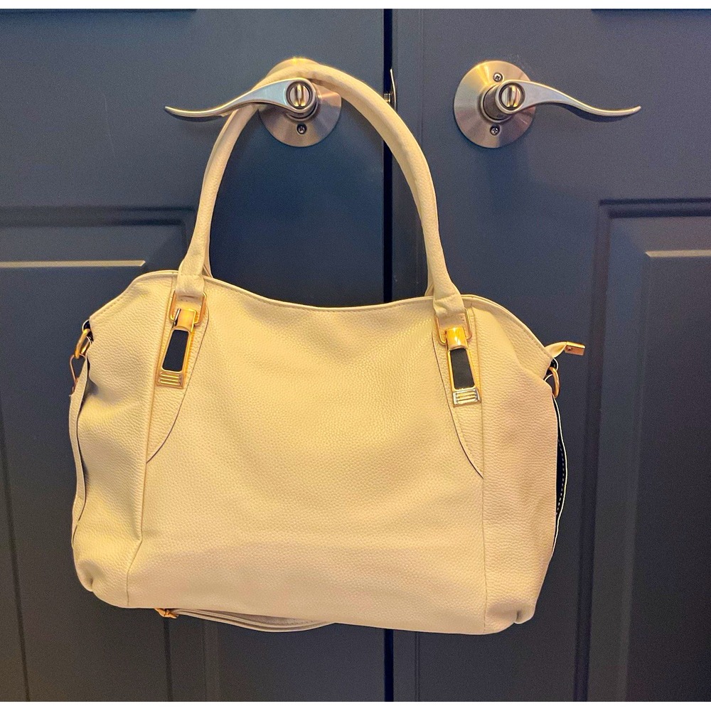 Cream Pebbled Satchel Top Handle Bag Gold Hardware Zip Detachable Strap, Large